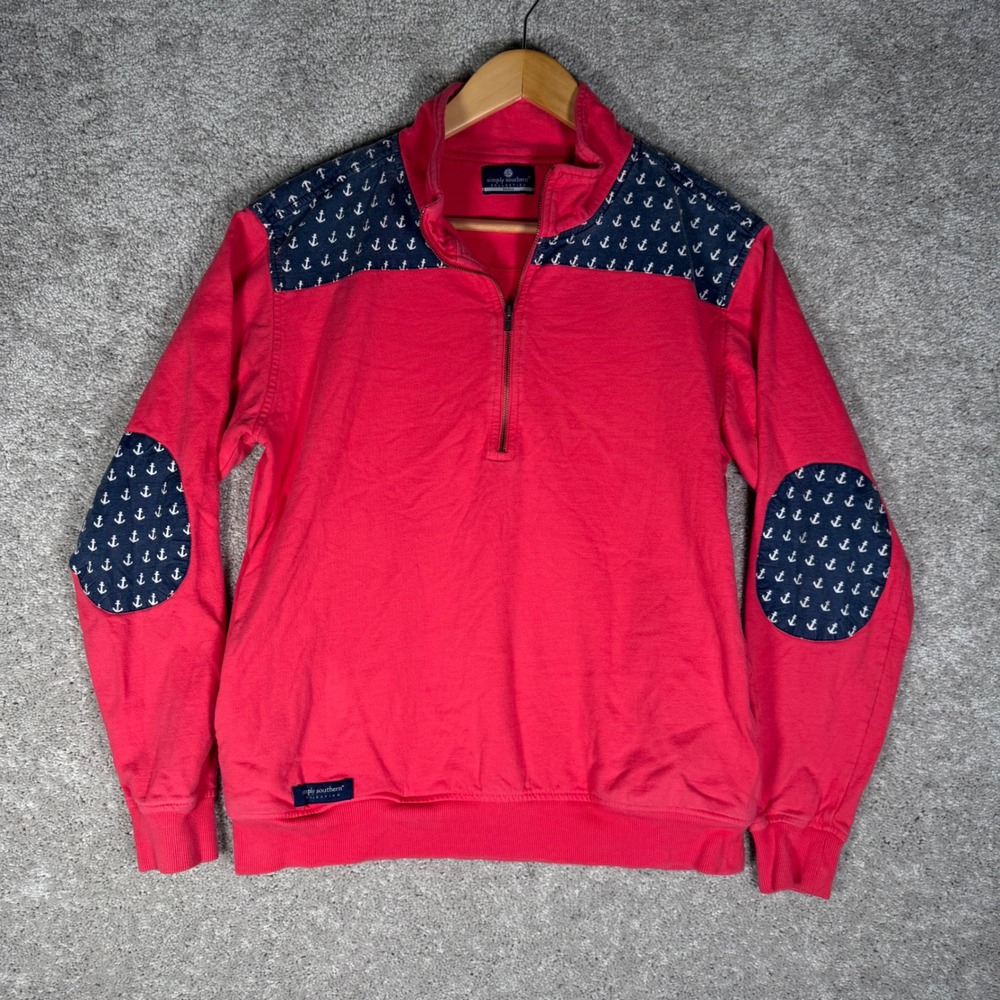 Simply Southern Women's S Coral Pink Anchor Print‎ Quarter Zip Pullover Sweater
